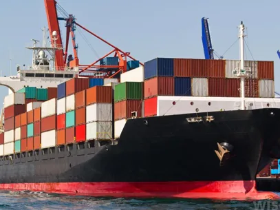 Container ship berthed alongside a port terminal during customs clearance